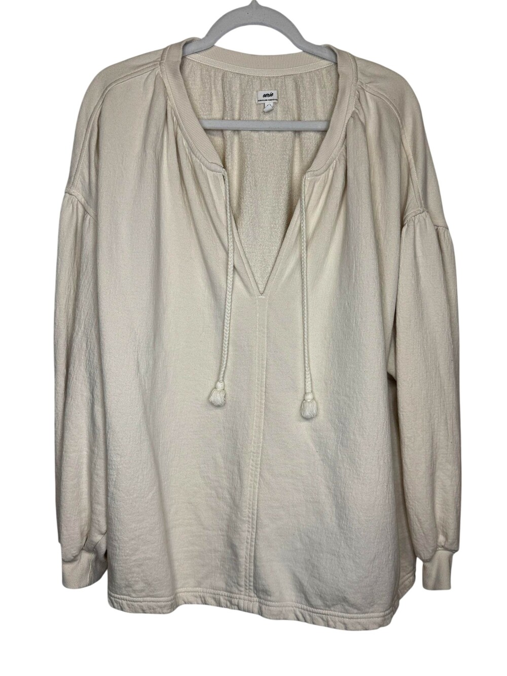 Aerie Top Womens L White Terry Tunic Balloon Sleeve Tassel V Neck Relaxed Fit